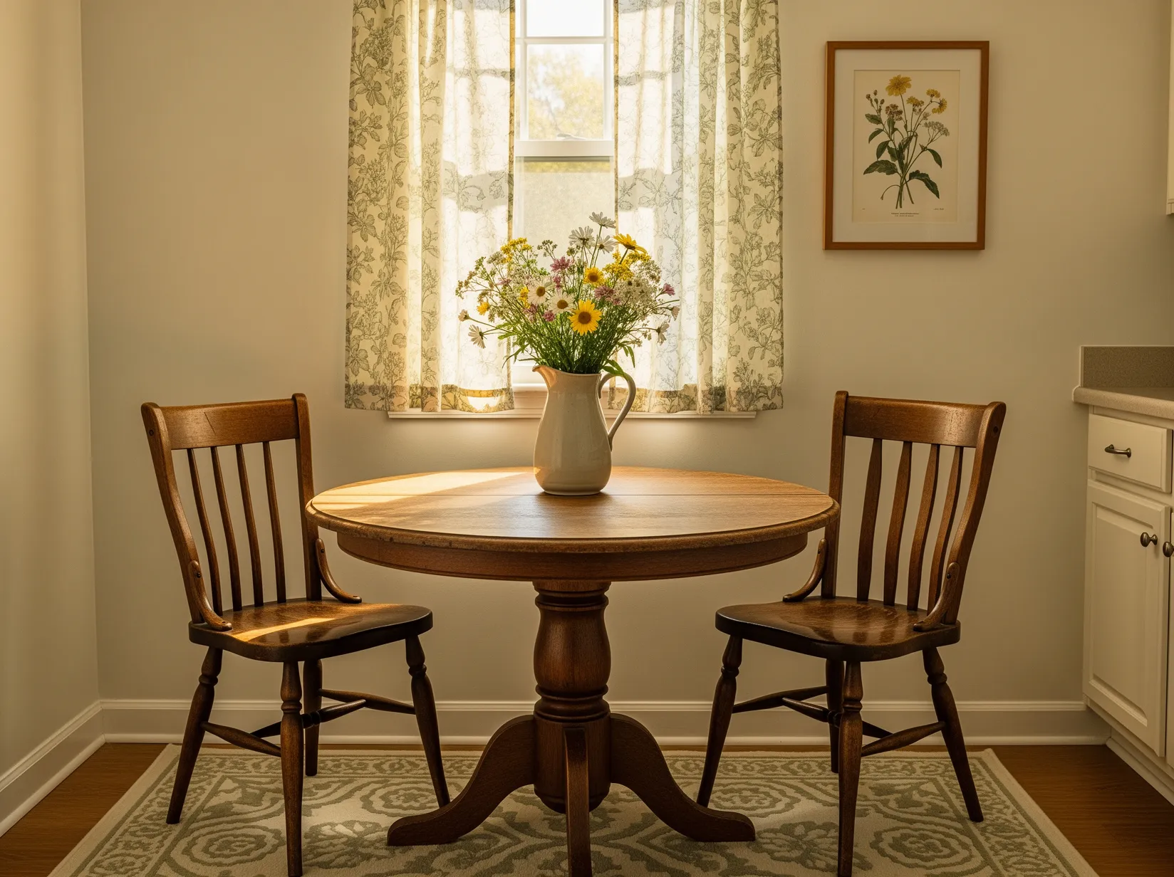 Budget vintage kitchen breakfast nook with thrifted table, mismatched chairs, floral curtains, and cottage decor