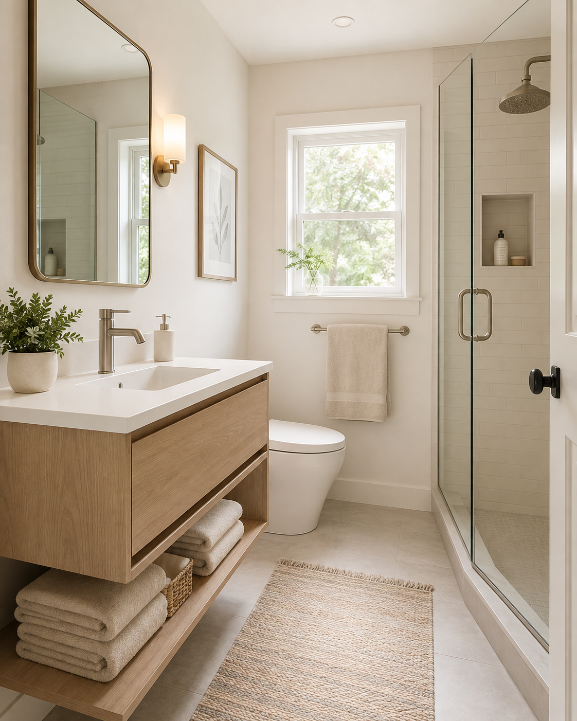 Small bathroom decor ideas with hidden storage and a clutter-free vanity
