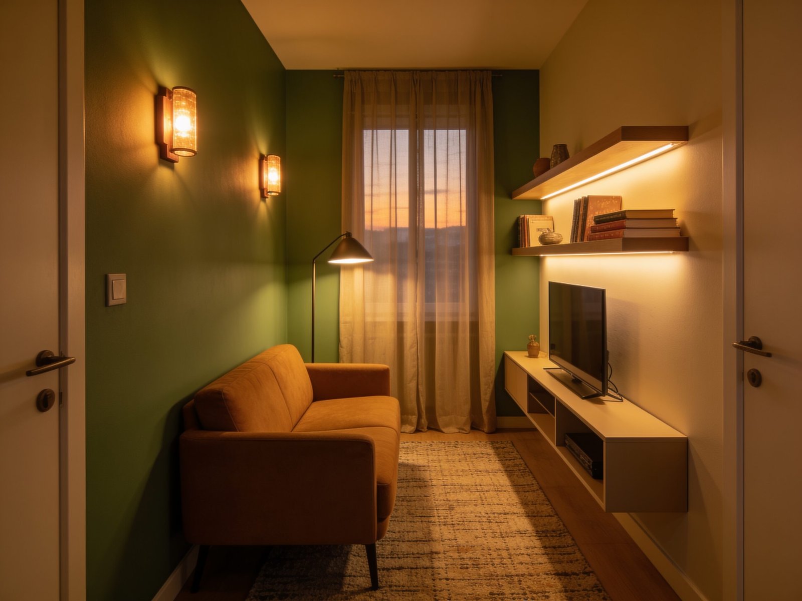 Cozy small living room lighting with wall sconces and layered lamps