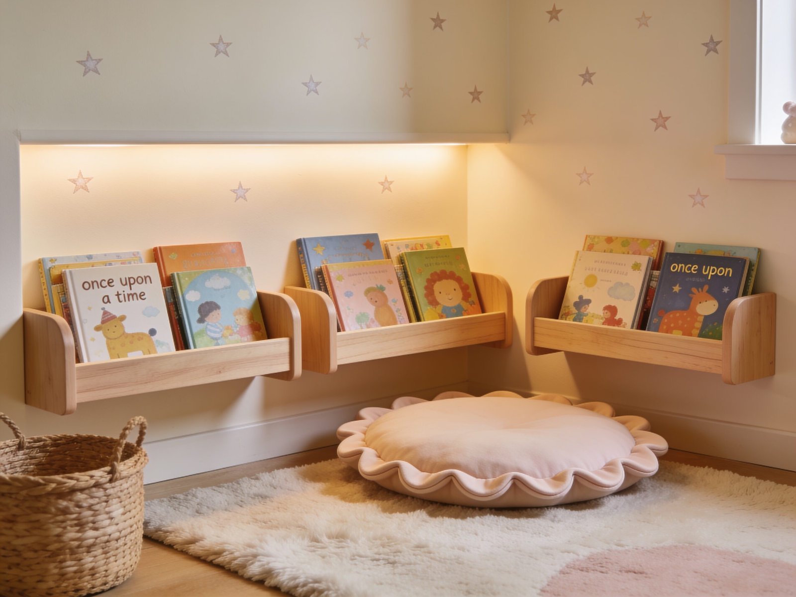 Cozy toddler reading nook with low book shelves, floor cushion and storybook bedroom decor.
