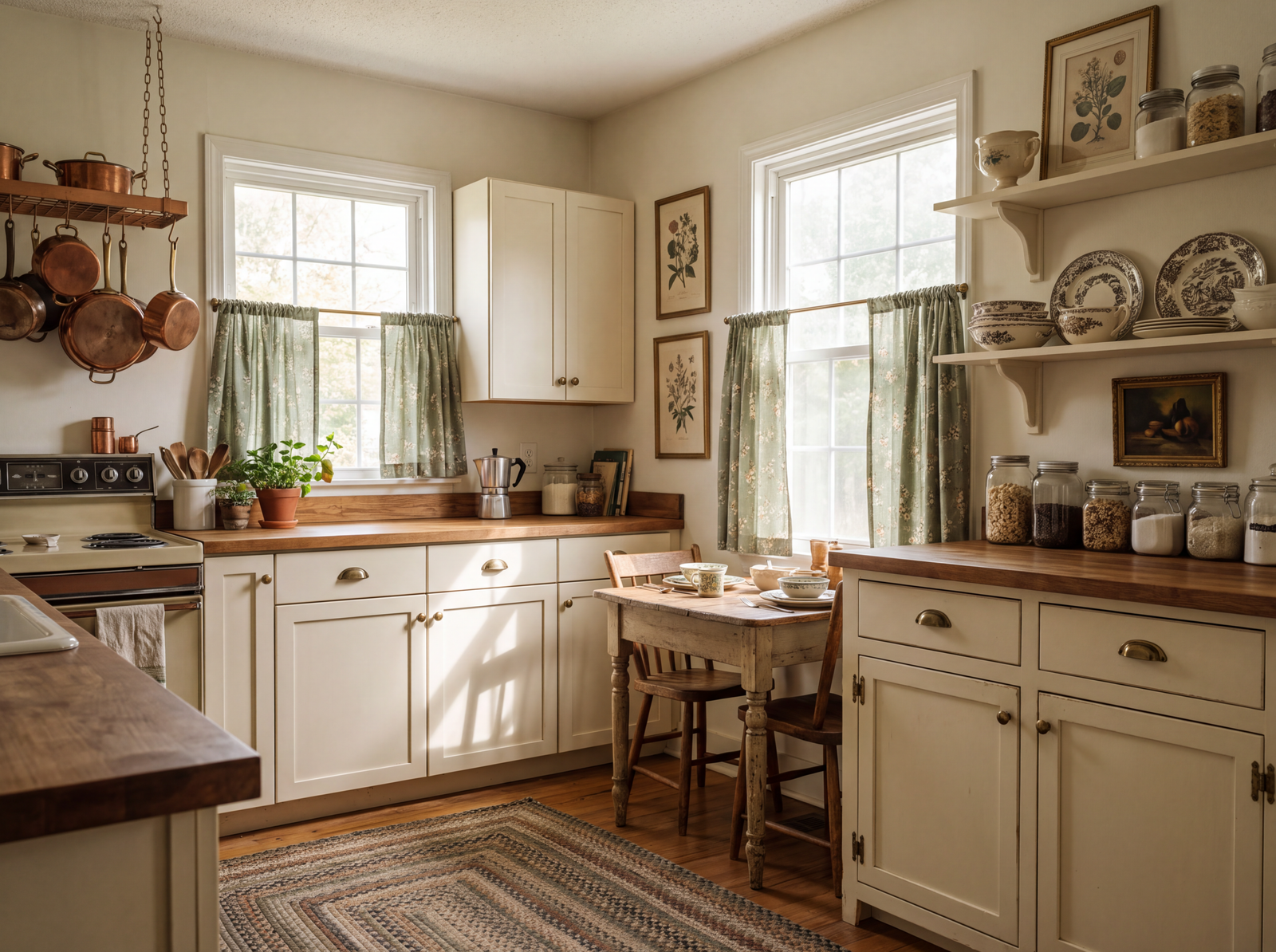 Cozy vintage kitchen ideas with cream cabinets, wood countertops, cafe curtains, brass hardware, and affordable vintage decor.