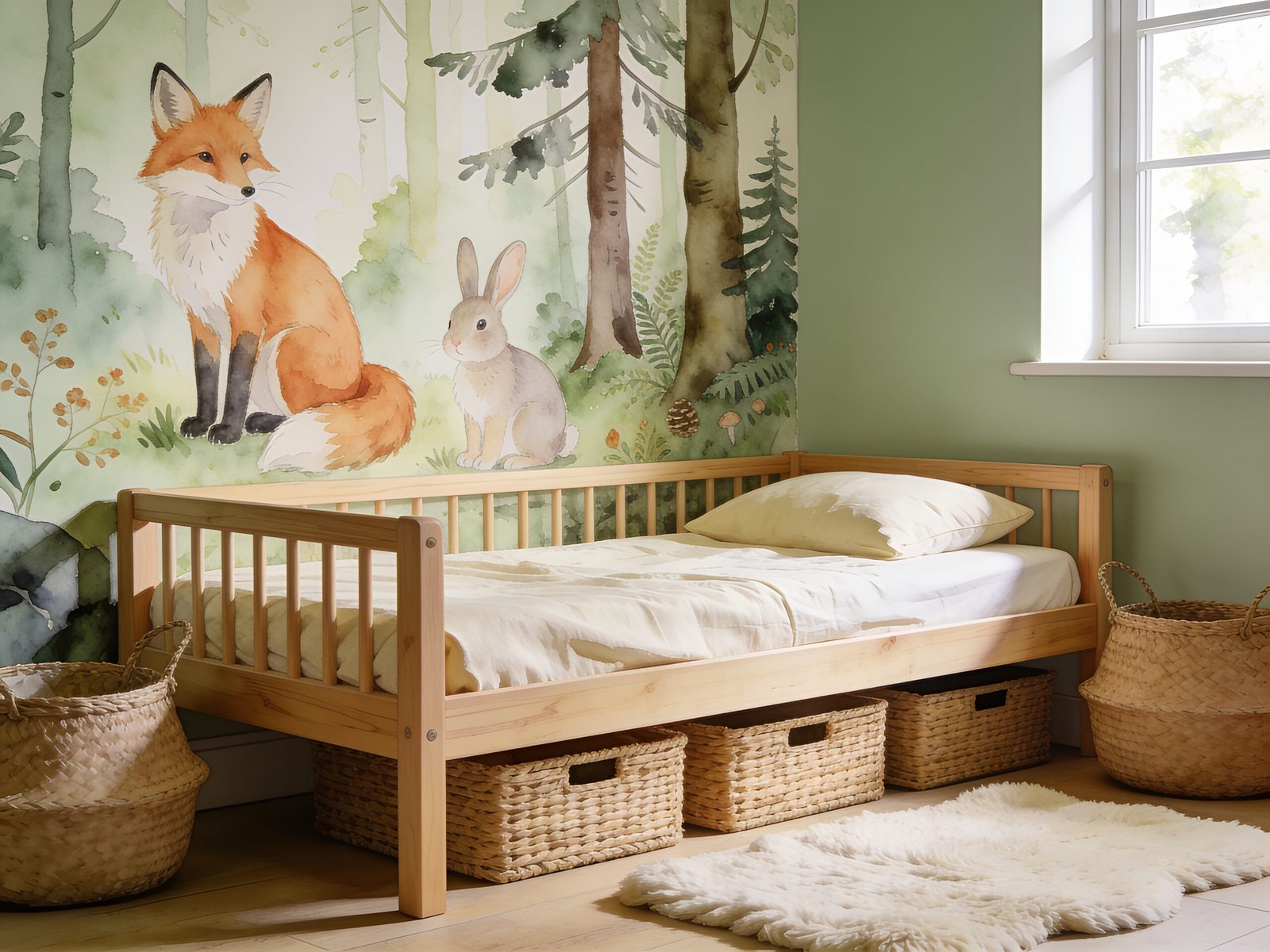 Enchanted woodland toddler bedroom with forest mural, natural wood bed and sage green decor