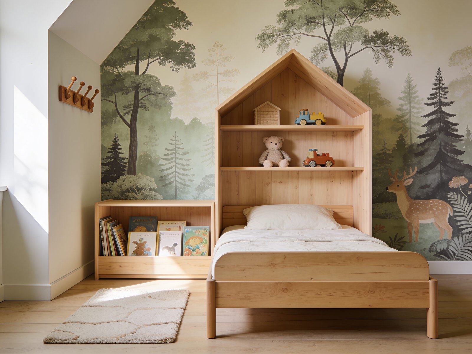 Montessori toddler bedroom with low bed, accessible storage and muted storybook woodland decor.