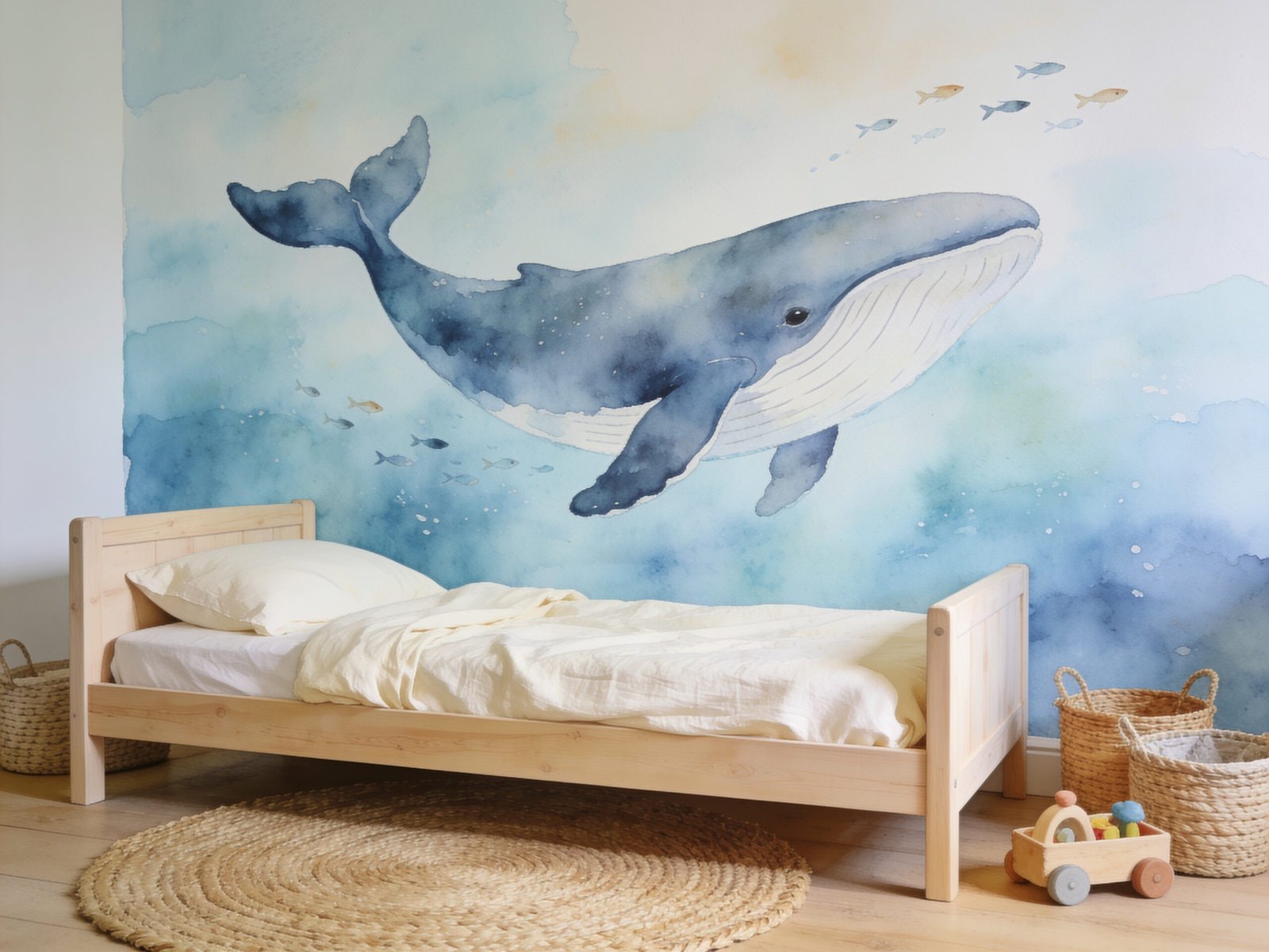 Ocean-themed toddler bedroom with watercolor whale mural and soft blue storybook decor