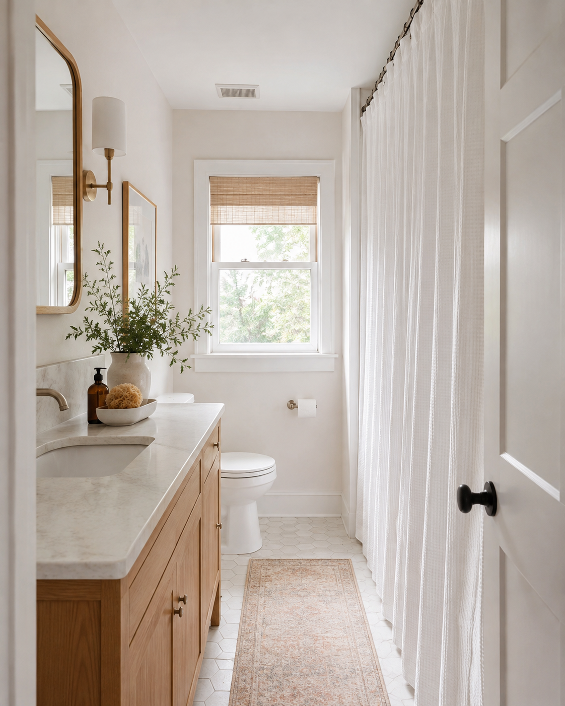 Small bathroom decorating idea with a high shower curtain that makes the ceiling look taller.
