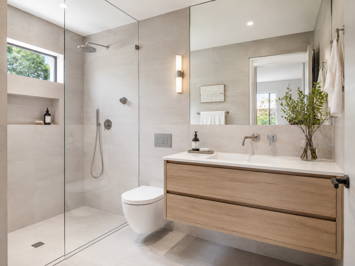 Small bathroom design with frameless glass shower and continuous tile to make the room feel bigger