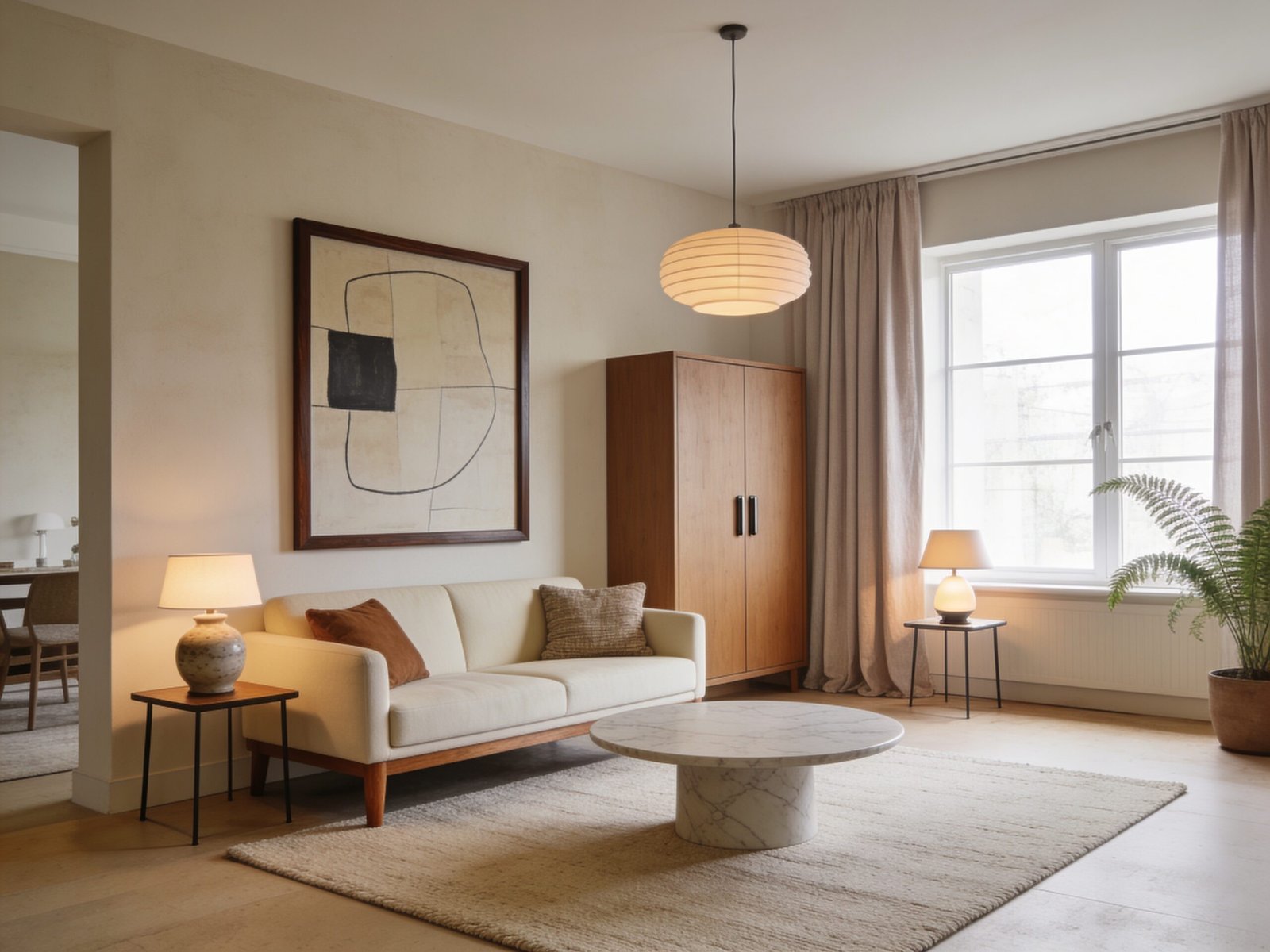 Small living room ideas with compact furniture, warm neutral colors, layered lighting and smart storage
