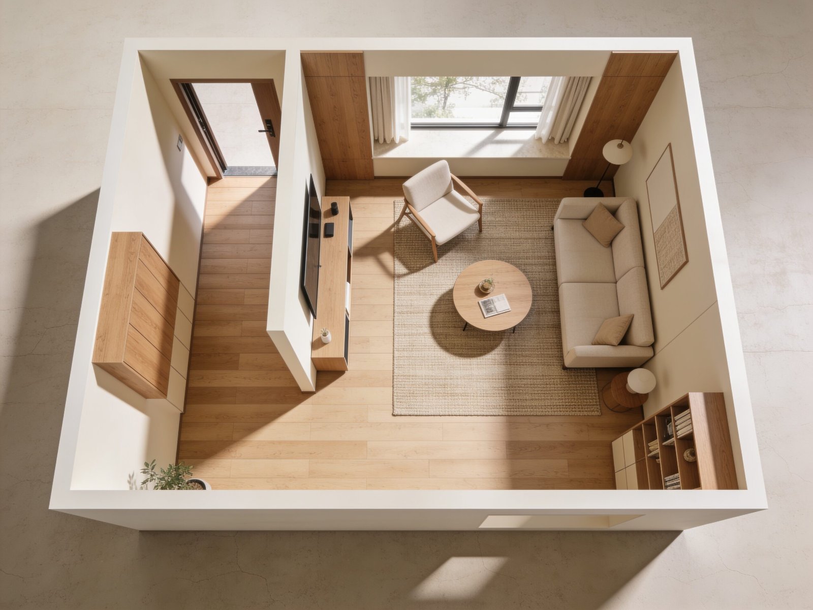 Small living room layout with an open walking path, compact sofa and space-saving furniture.