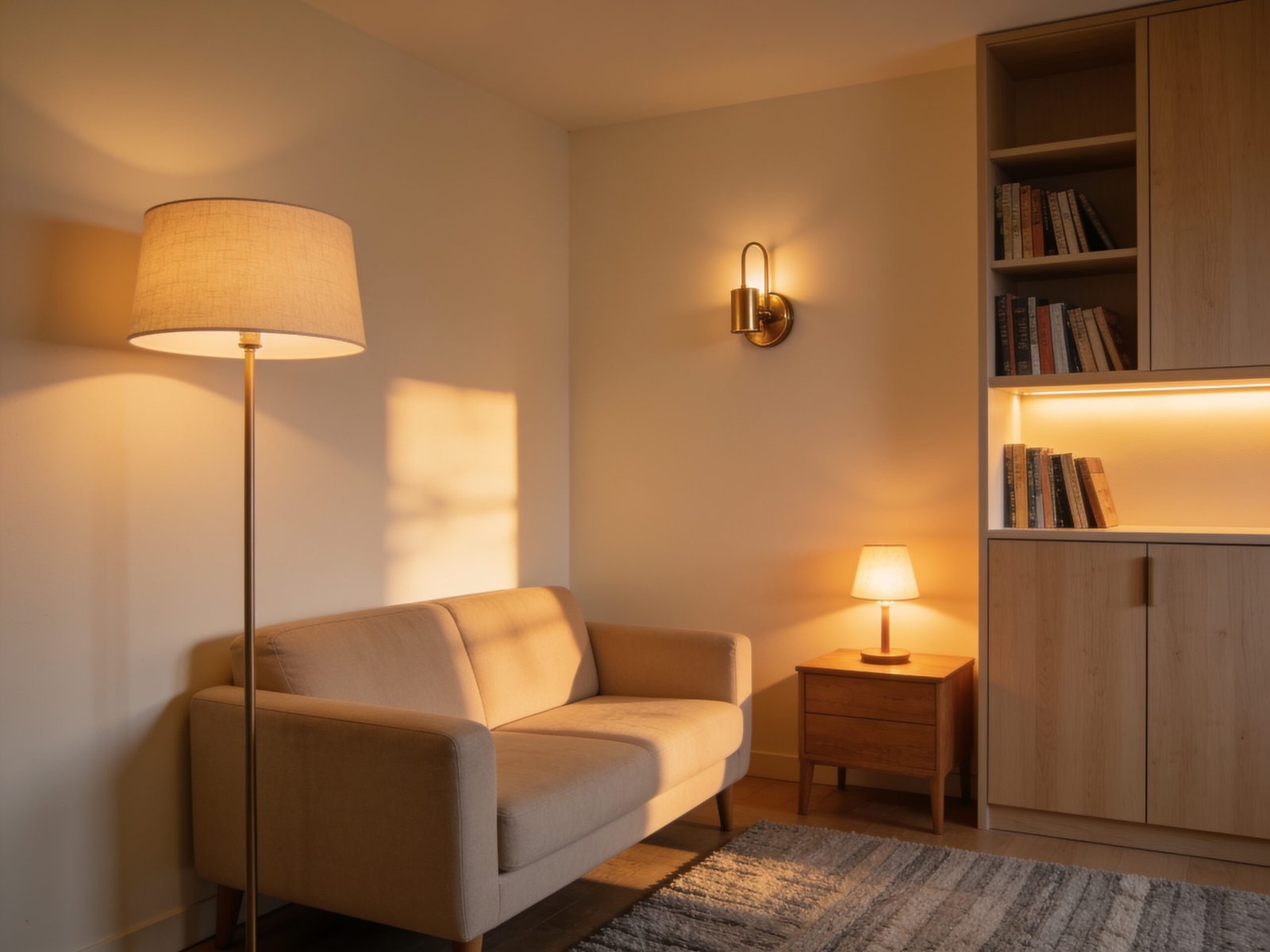 Small living room lighting with floor lamp, wall sconce and layered warm ambient light