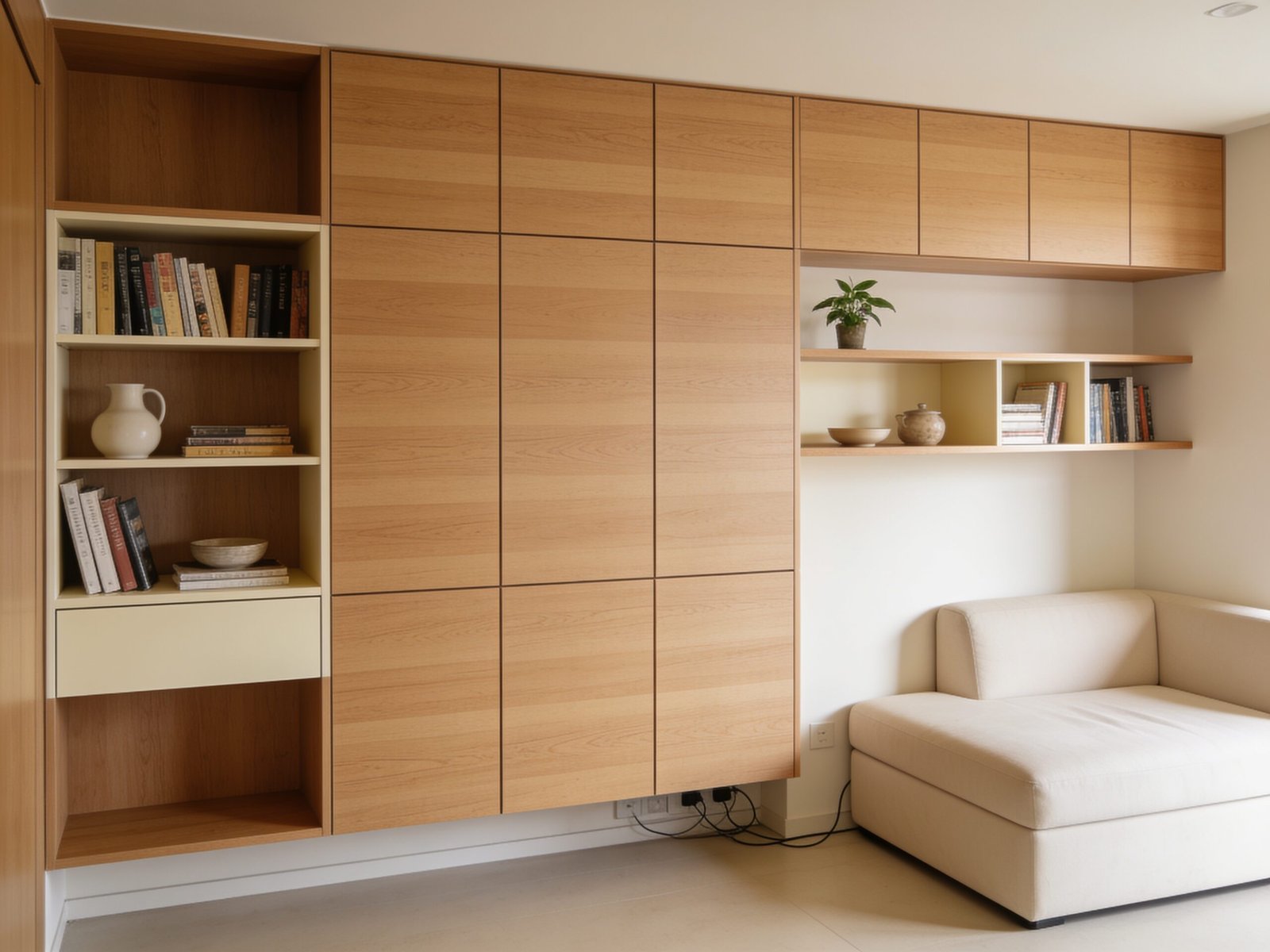 Small living room storage ideas using vertical cabinets and a mix of open and closed shelving