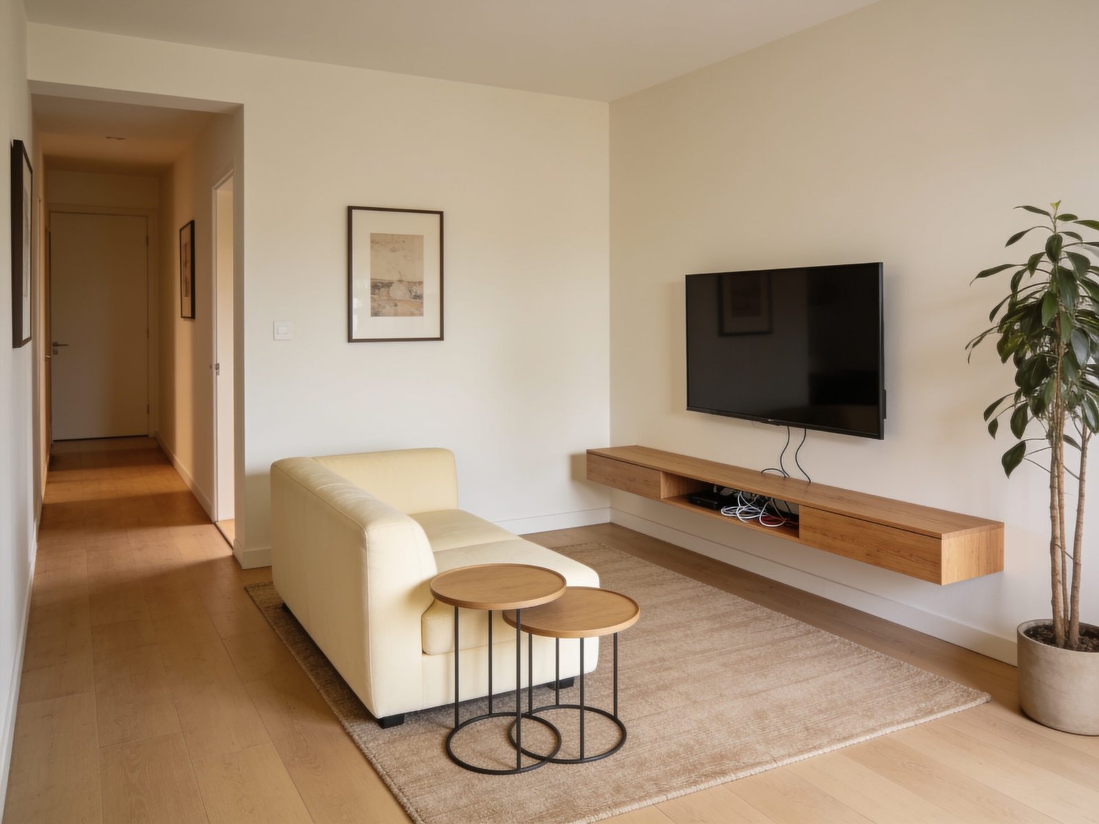 Small living room with TV, floating media console and space-saving furniture layout