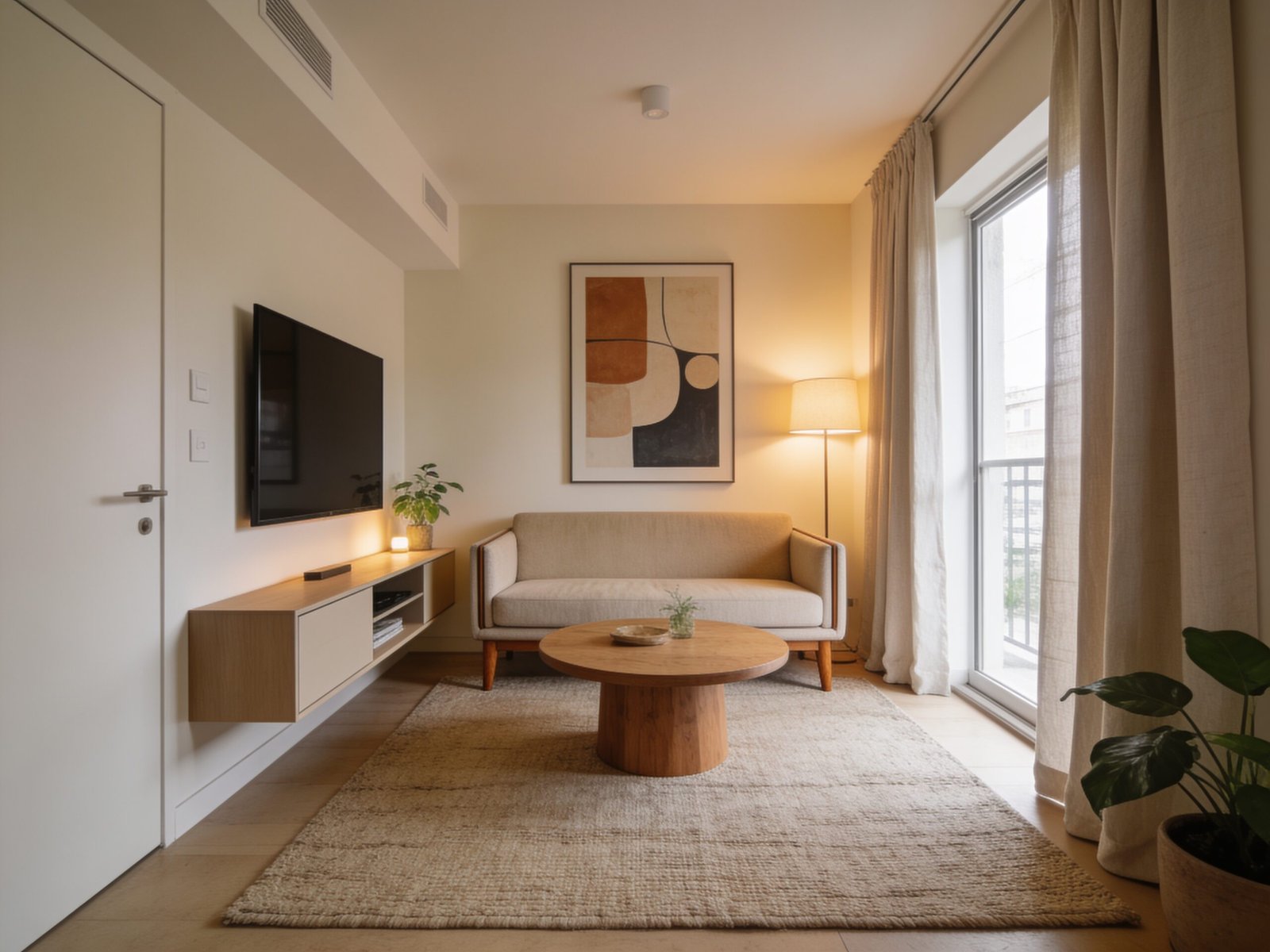 Stylish tiny living room with compact sofa, large rug and space-saving furniture