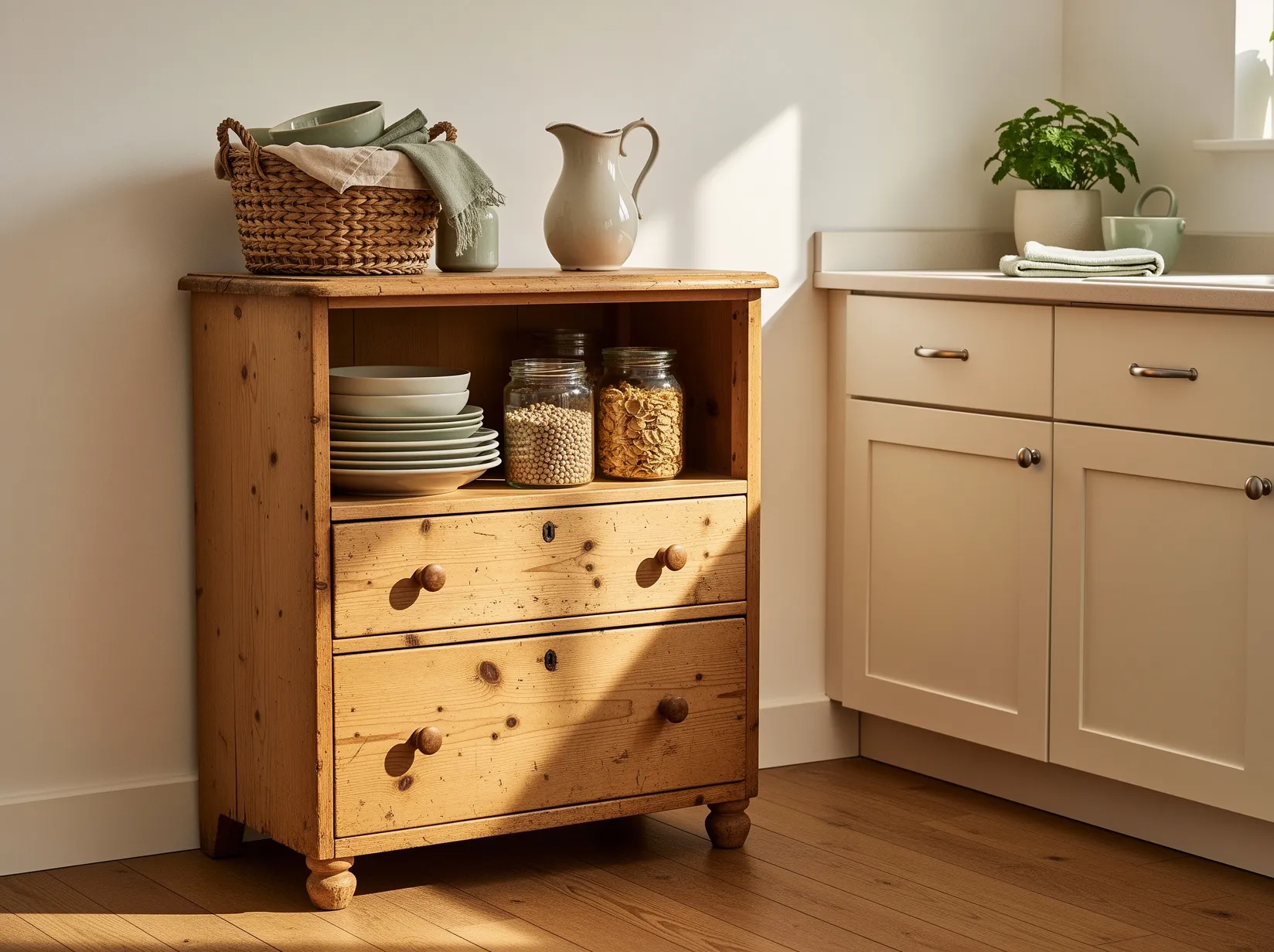 Thrifted pine dresser used as affordable vintage kitchen storage in a cozy cottage kitchen