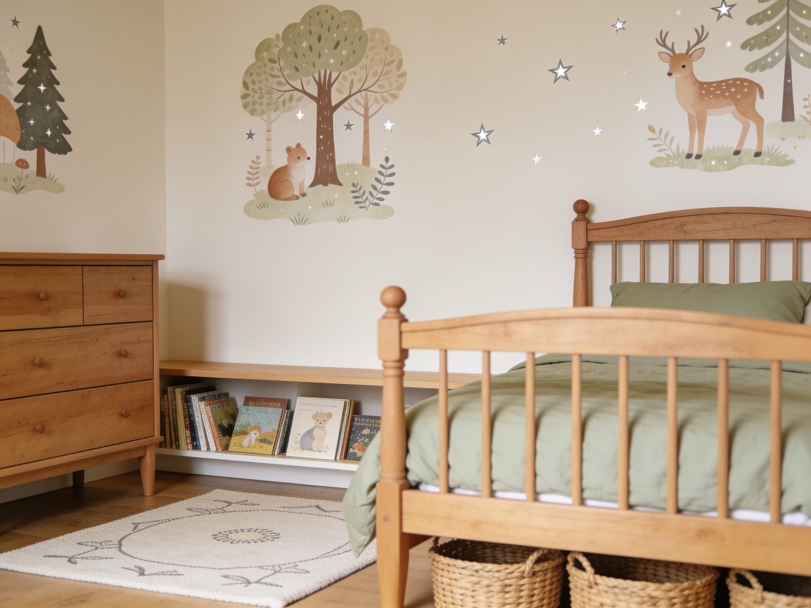 Timeless toddler bedroom with neutral furniture and removable storybook decor designed to grow with a child.