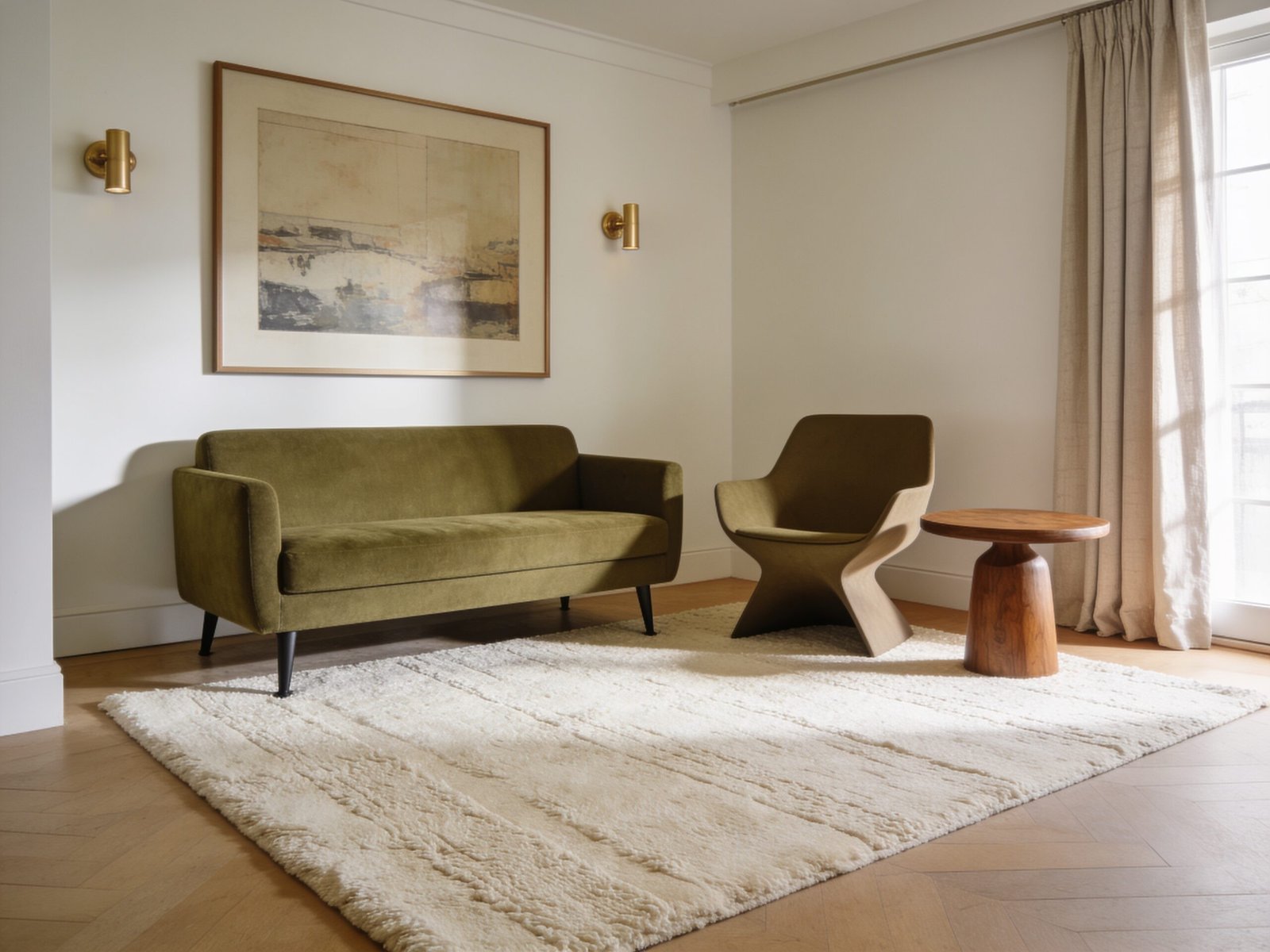 Tiny living room decor with large rug and stylish compact seating