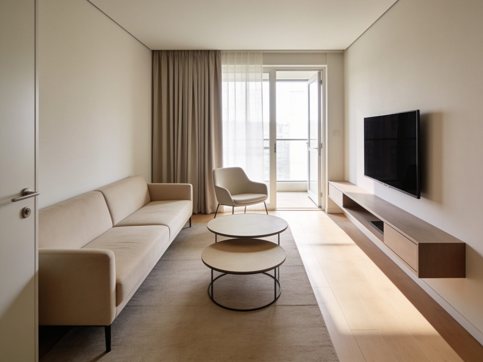 Tiny living room layout with clear walkway and compact furniture
