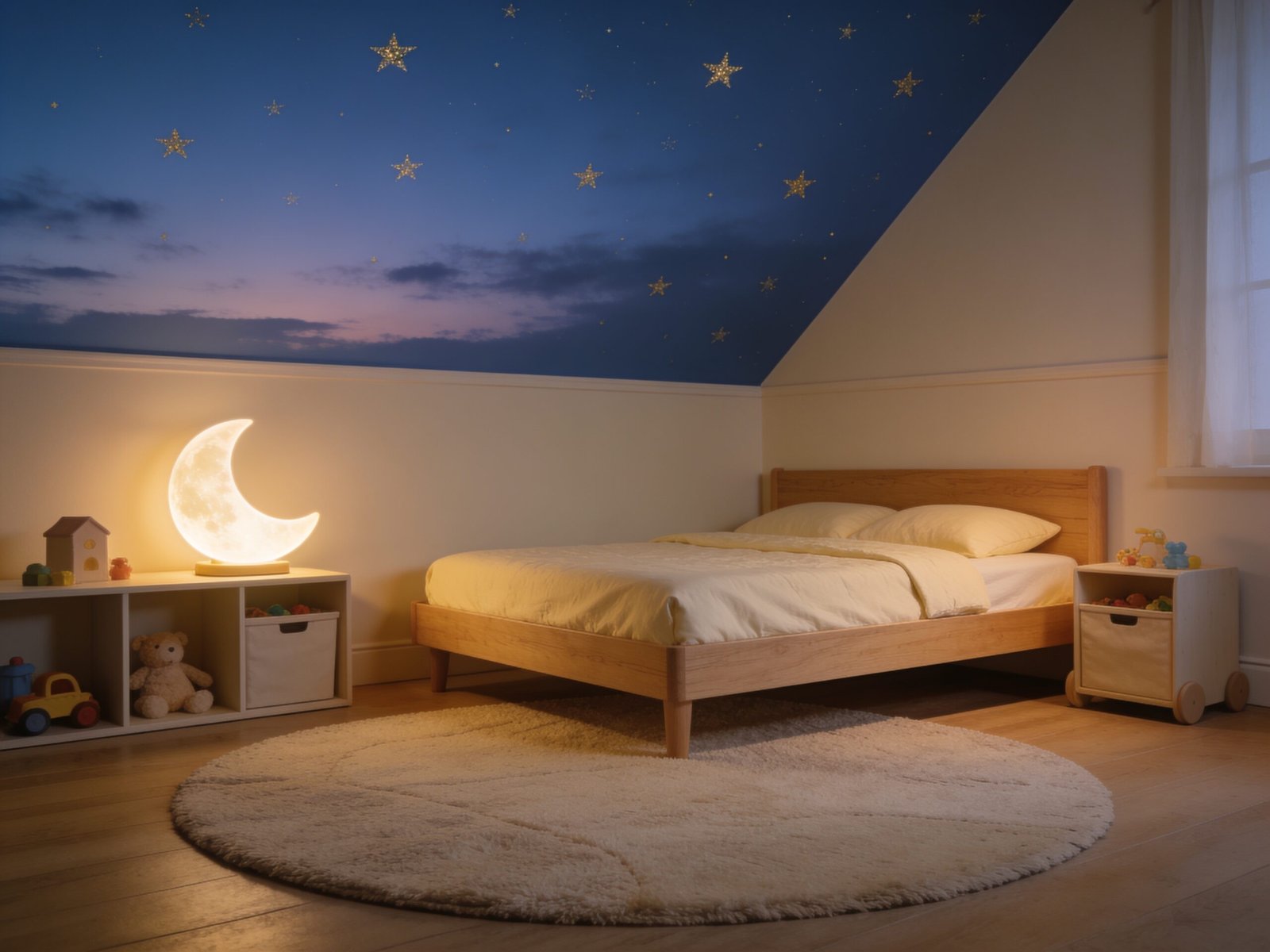 Toddler bedroom with painted starry ceiling, low wood bed and soft storybook decor
