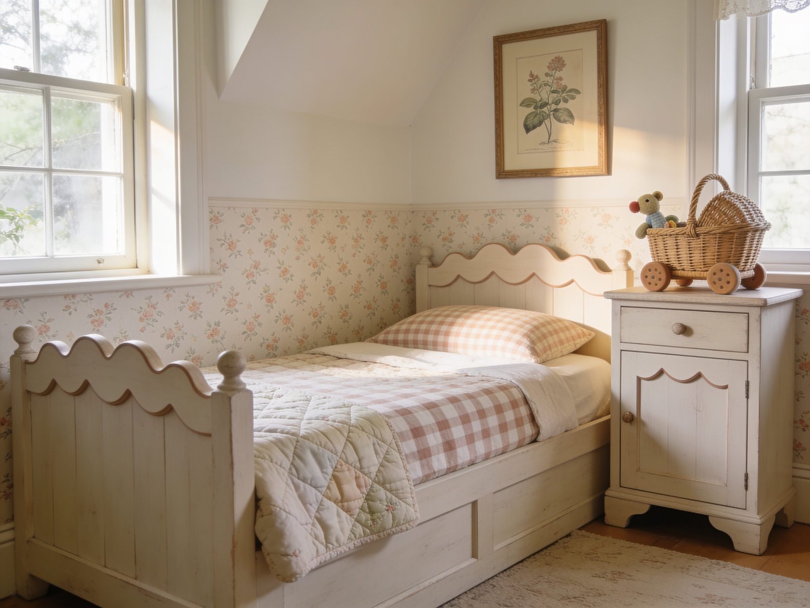 Vintage cottage toddler bedroom with floral wallpaper, quilted bedding and storybook details.