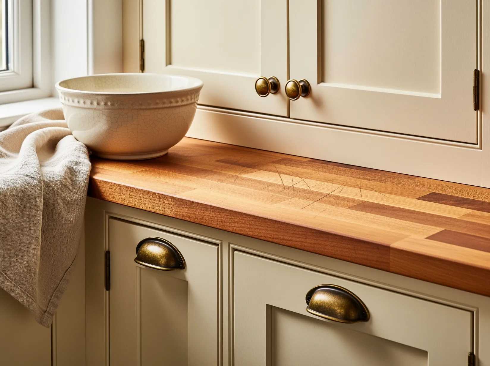 Vintage kitchen cabinets with cream paint and affordable antique brass cup pulls